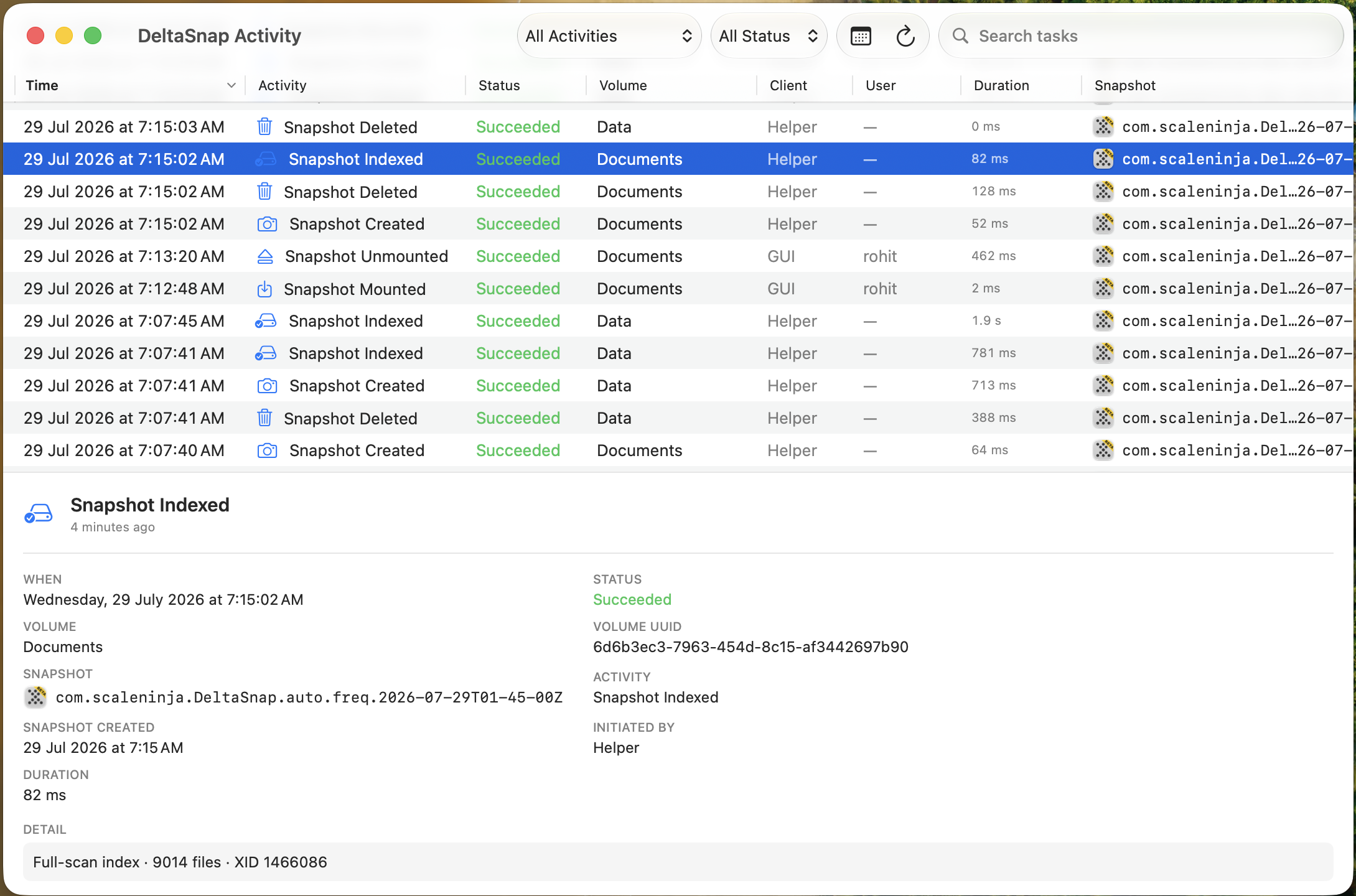 DeltaSnap Activity window listing snapshot created, indexed, deleted, mounted, and unmounted events with status, volume, client, and duration