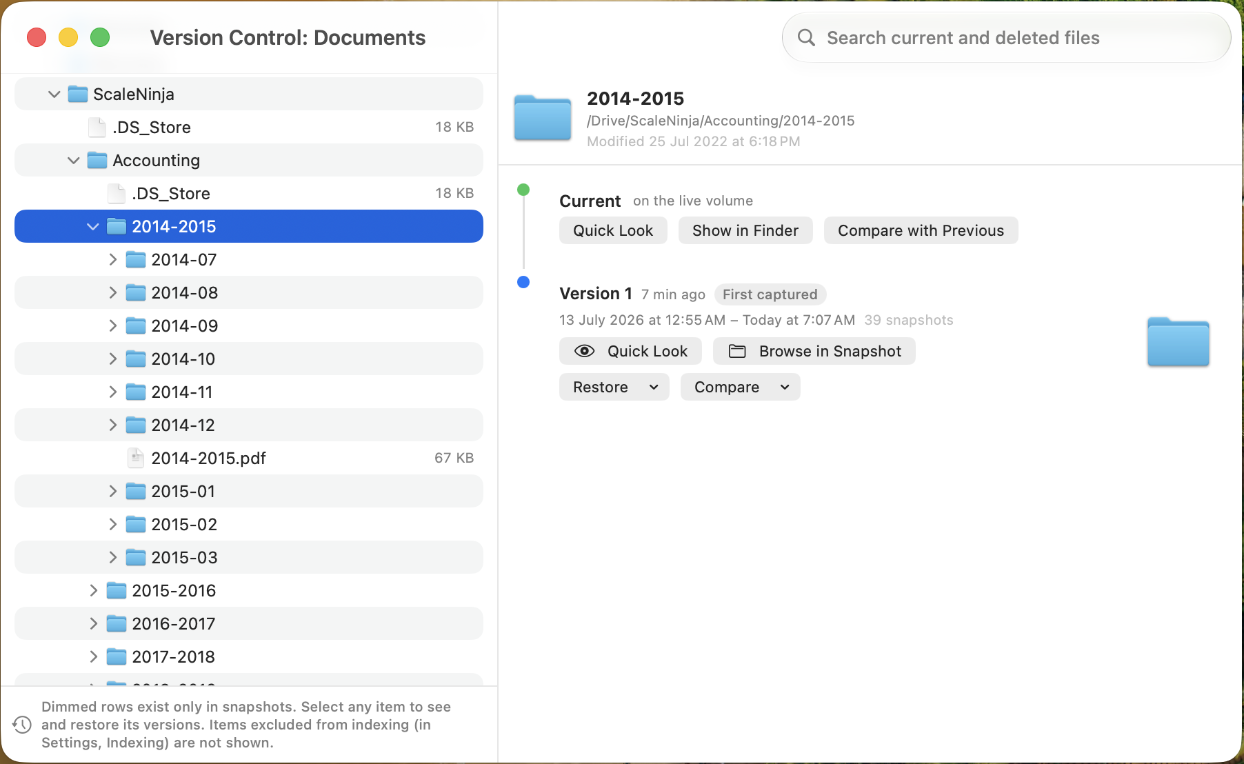 Standalone DeltaSnap Version Control window opened from Finder, showing a selected folder with its current state and one captured version offering Quick Look, Browse in Snapshot, Restore, and Compare.