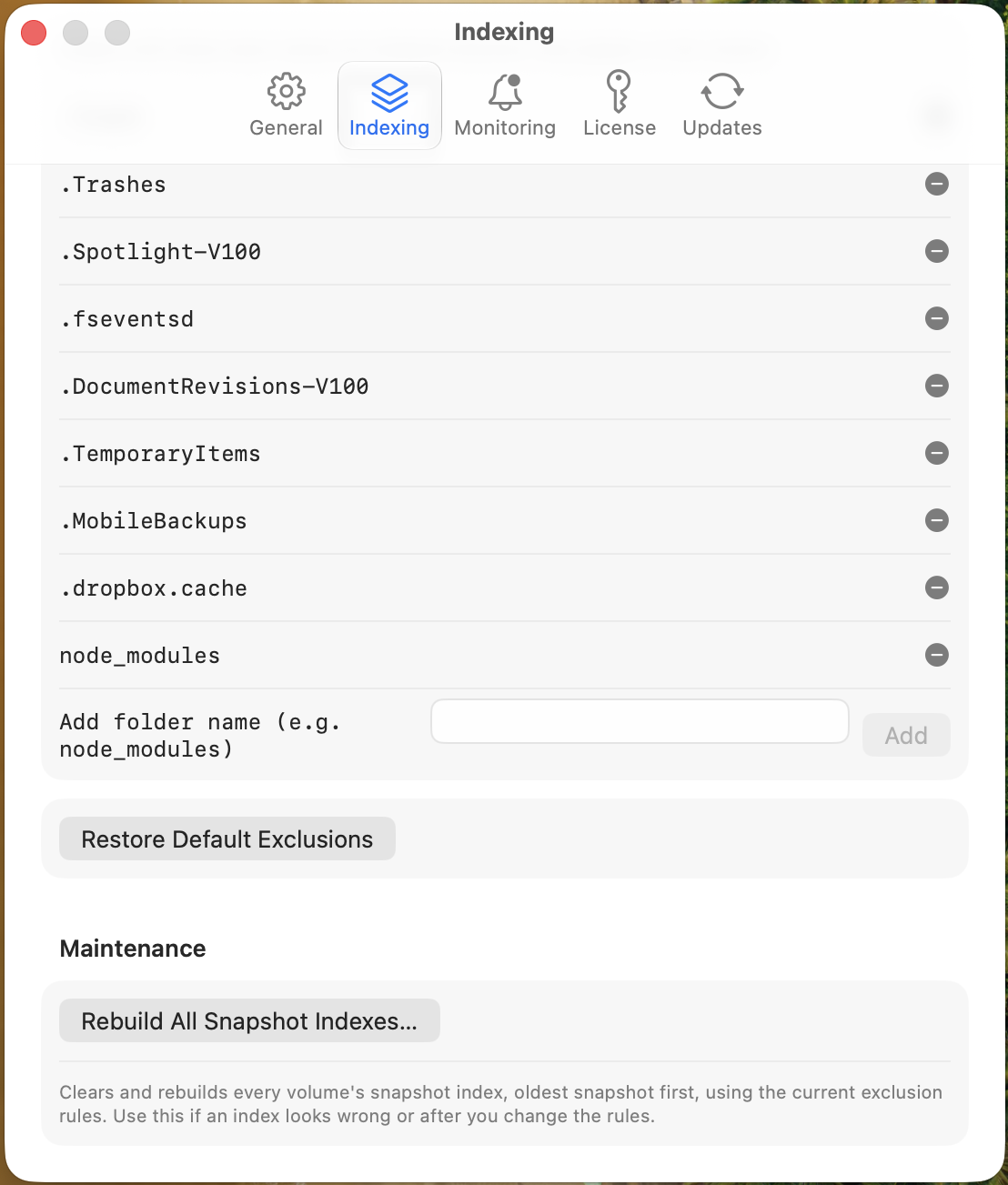 DeltaSnap Indexing settings listing excluded folder names such as .Trashes, .Spotlight-V100, and node_modules, with controls to add exclusions, restore defaults, and rebuild all snapshot indexes.