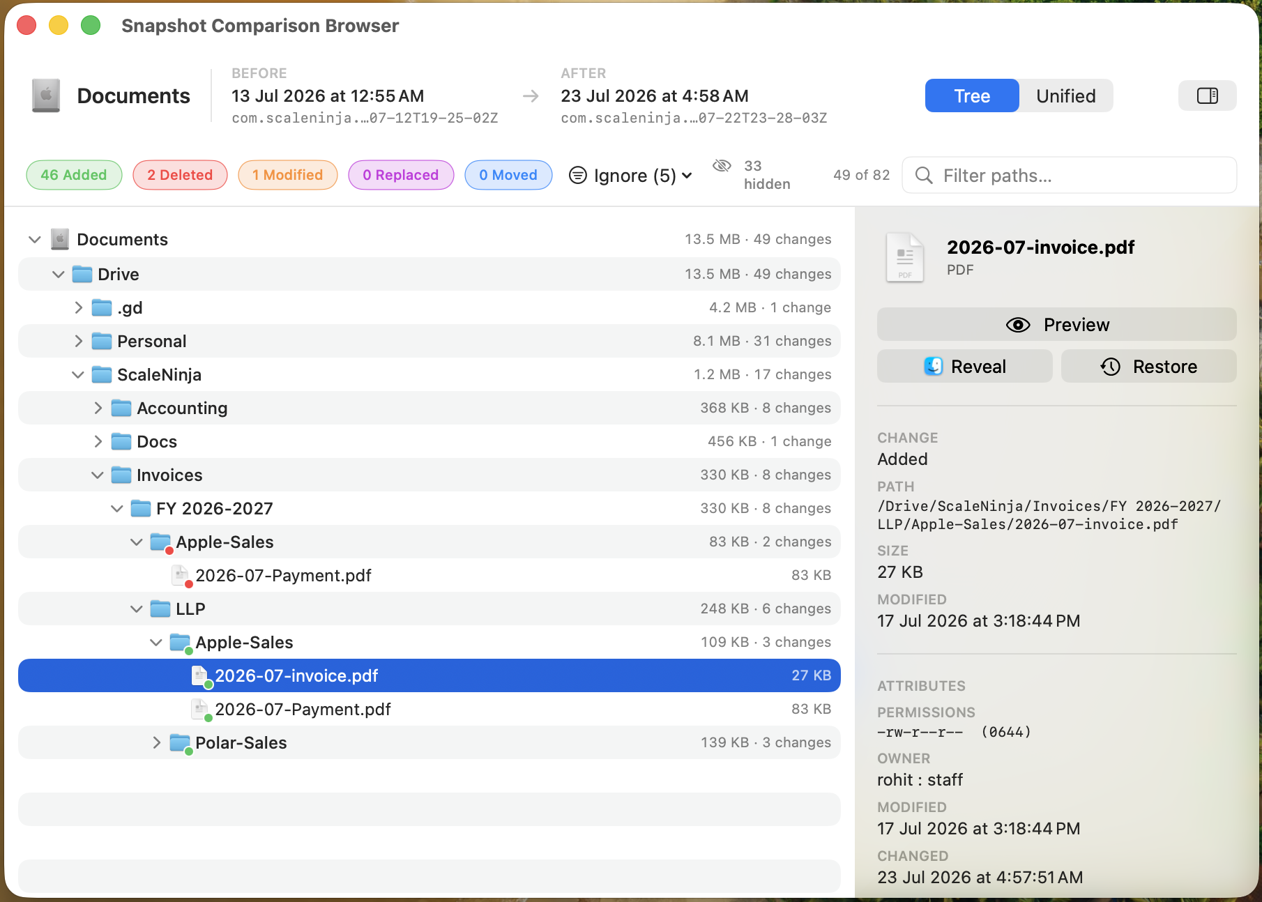 DeltaSnap Snapshot Comparison Browser with counts for added, deleted, modified, replaced, and moved paths beside a change tree and a file inspector
