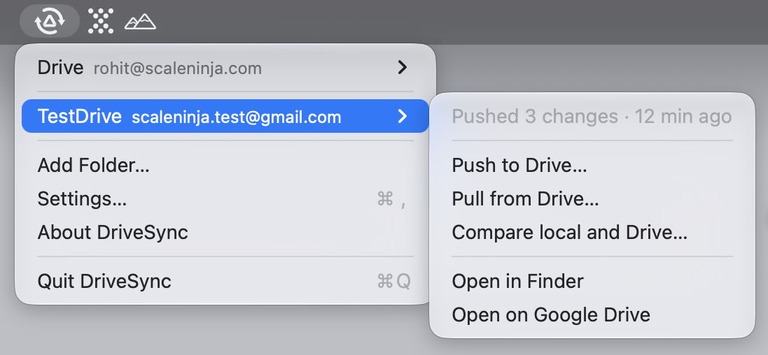 The DriveSync menu open in the macOS menu bar, listing two folders with their Google accounts, and a submenu with push, pull, compare, open in Finder and open on Google Drive.