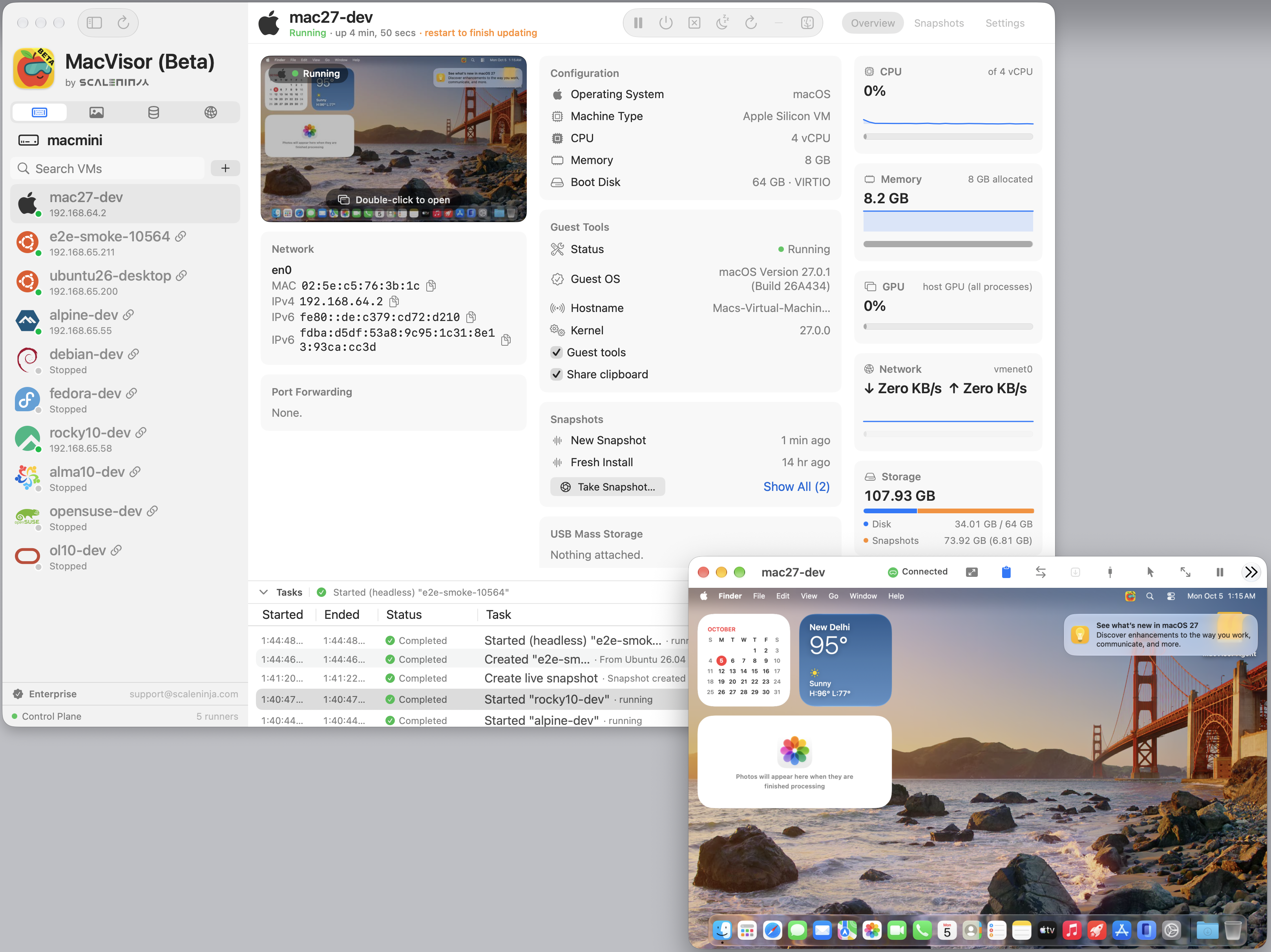 A macOS 27 VM window next to its Overview tab, with MacVisor Agent installed.