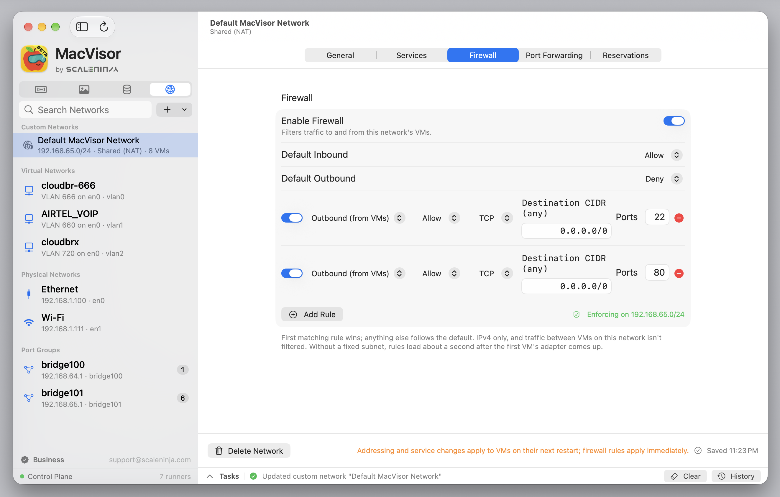 A network's Firewall tab: outbound denied by default, with TCP 22 and 80 allowed.
