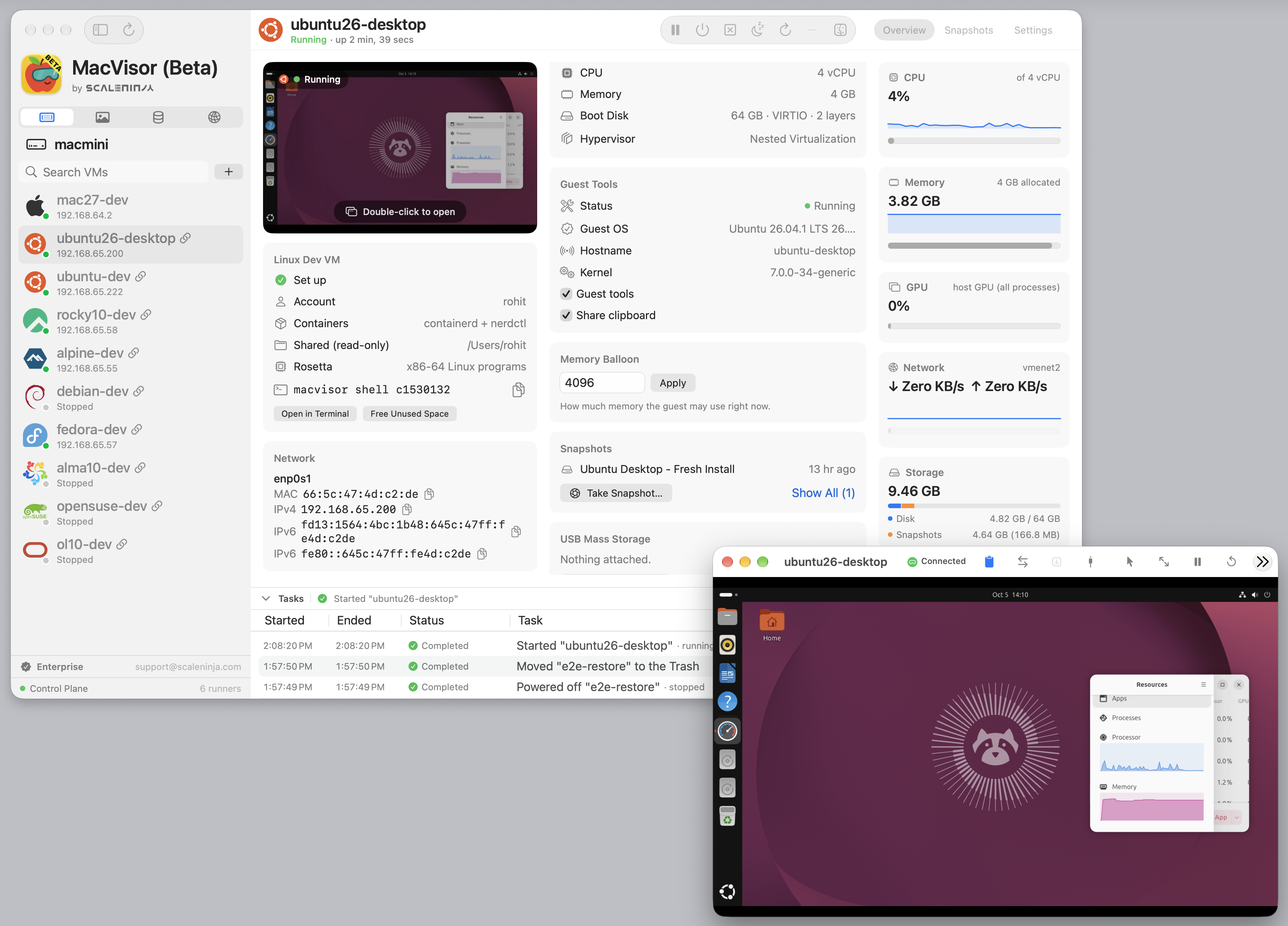 An Ubuntu desktop VM open in its own window beside the library.